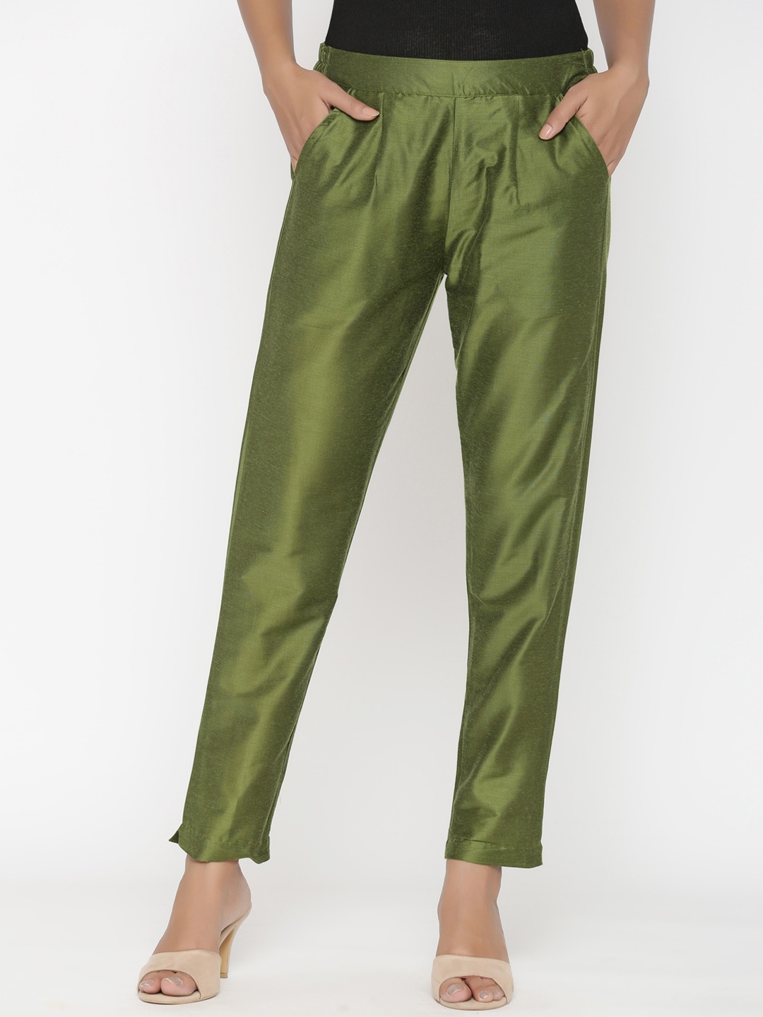 

RANGMAYEE Women Green Slim Fit Solid Cigarette Trousers