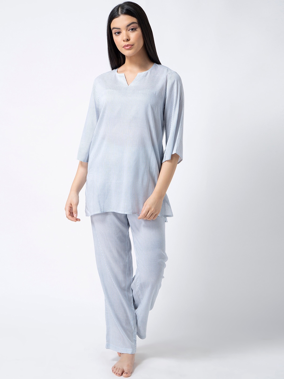 

ADORENITE Women White & Blue Striped Night suit