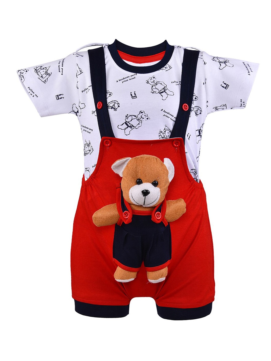 

Wish Karo Kids Red & Black Colorblocked Dungaree With Printed T-Shirt