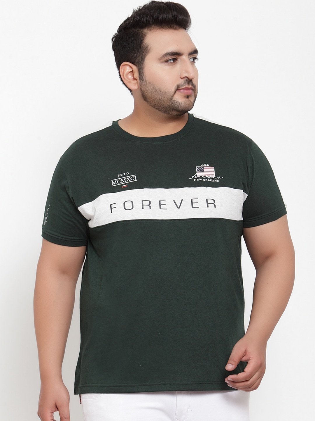 

plusS Men Green Colourblocked Round Neck Pure Cotton T-shirt