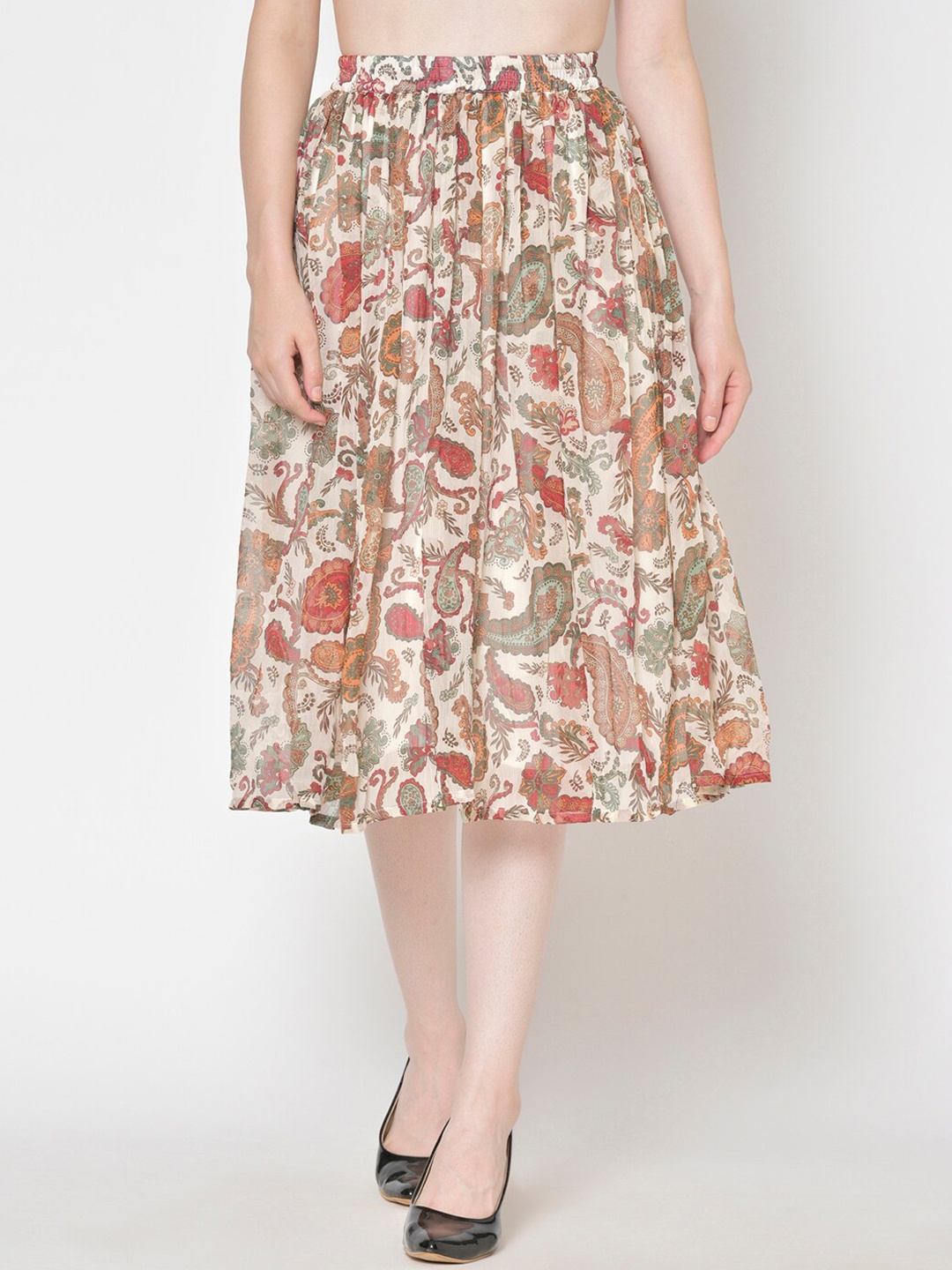 

Cation Women White & Orange Printed Flared Midi Skirt