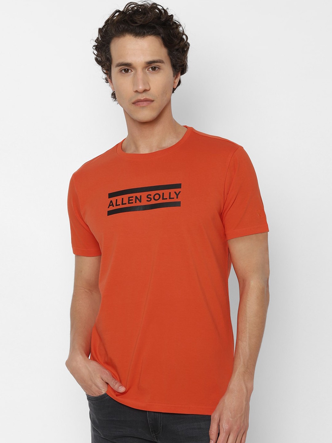 

Allen Solly Men Orange Brand Logo Printed Round Neck Pure Cotton T-shirt
