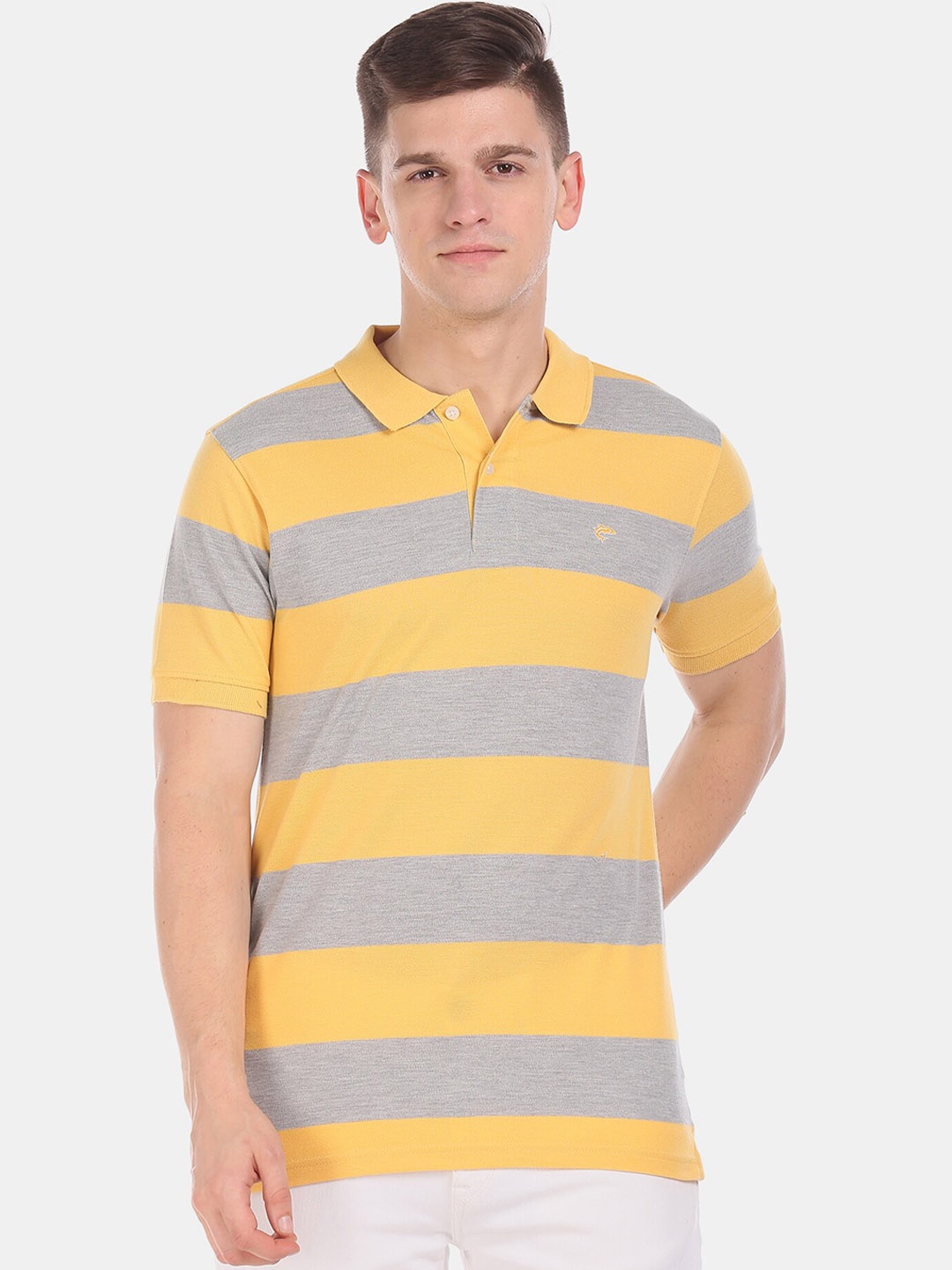 

Ruggers Men Yellow & Grey Striped Polo Collar T-shirt