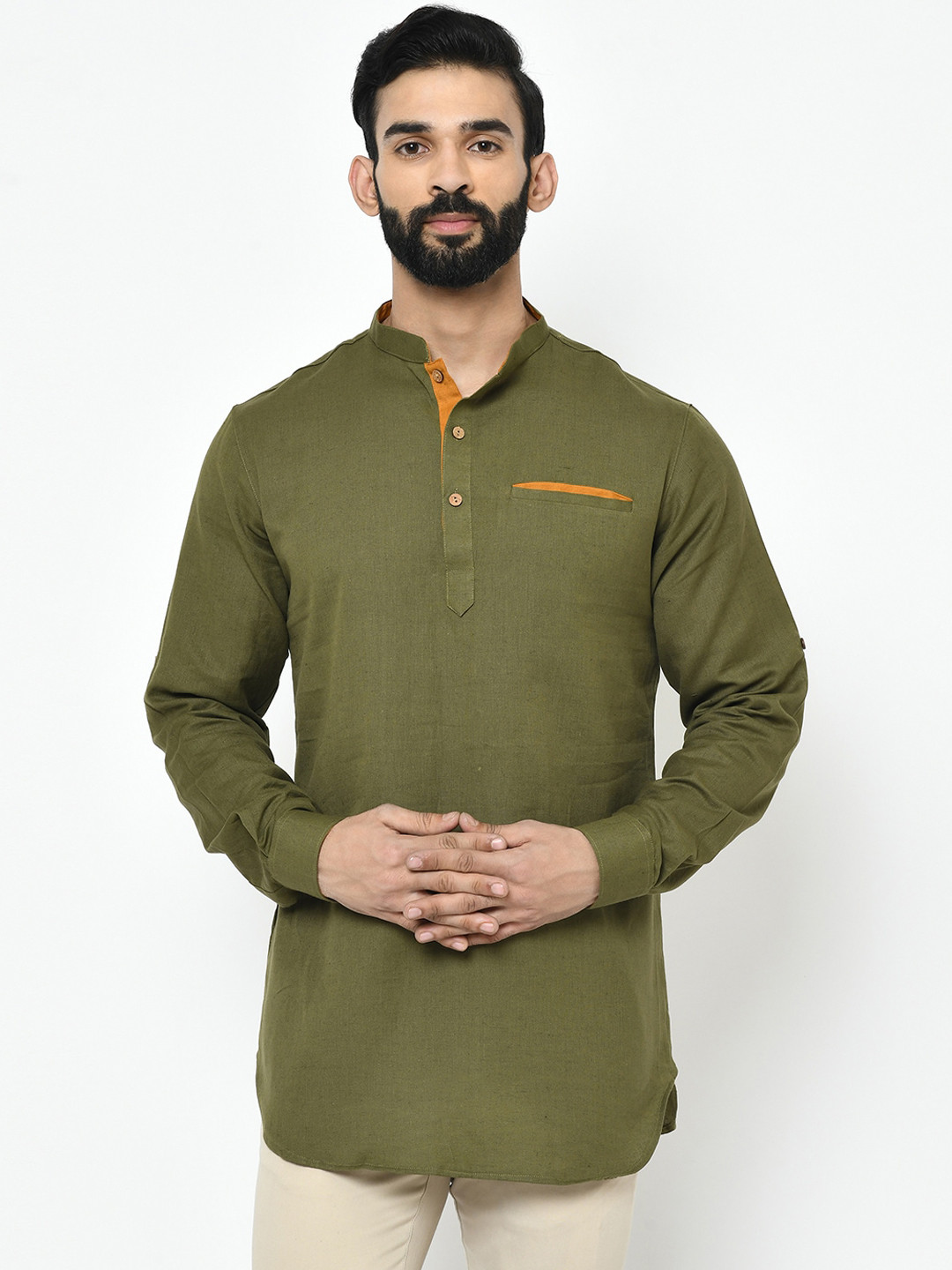 

Vartah Men Green Handloom Short Kurta, Olive