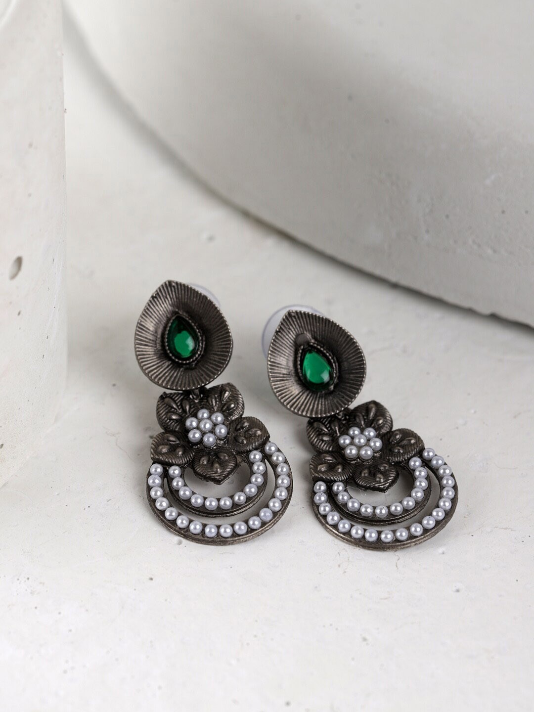 

Fabstreet Silver-Plated & Off-White Circular Drop Earrings