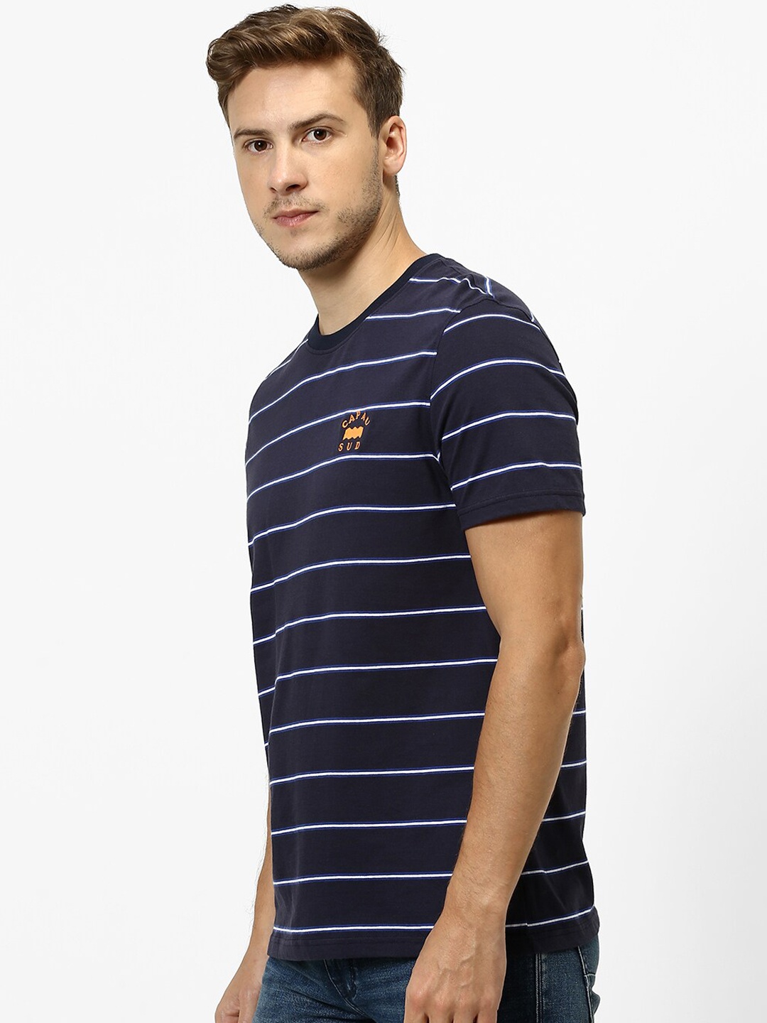 Celio Men Navy Blue Striped Round Neck Pure Cotton T-shirt