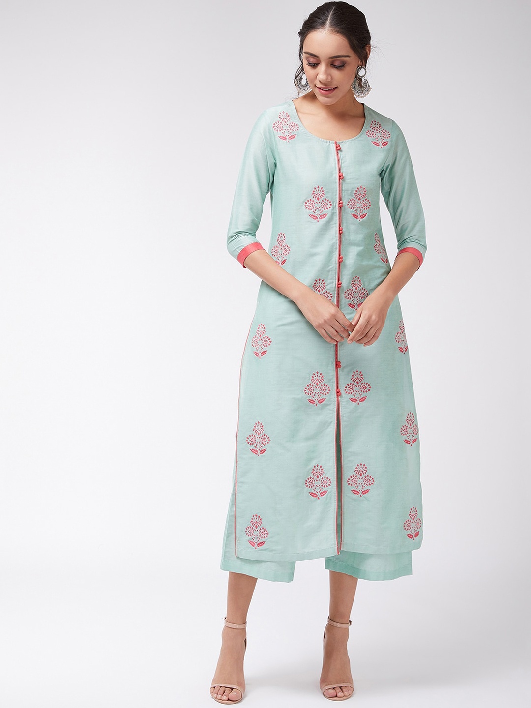 

Pannkh Women Green & Red Embroidered Straight Kurta