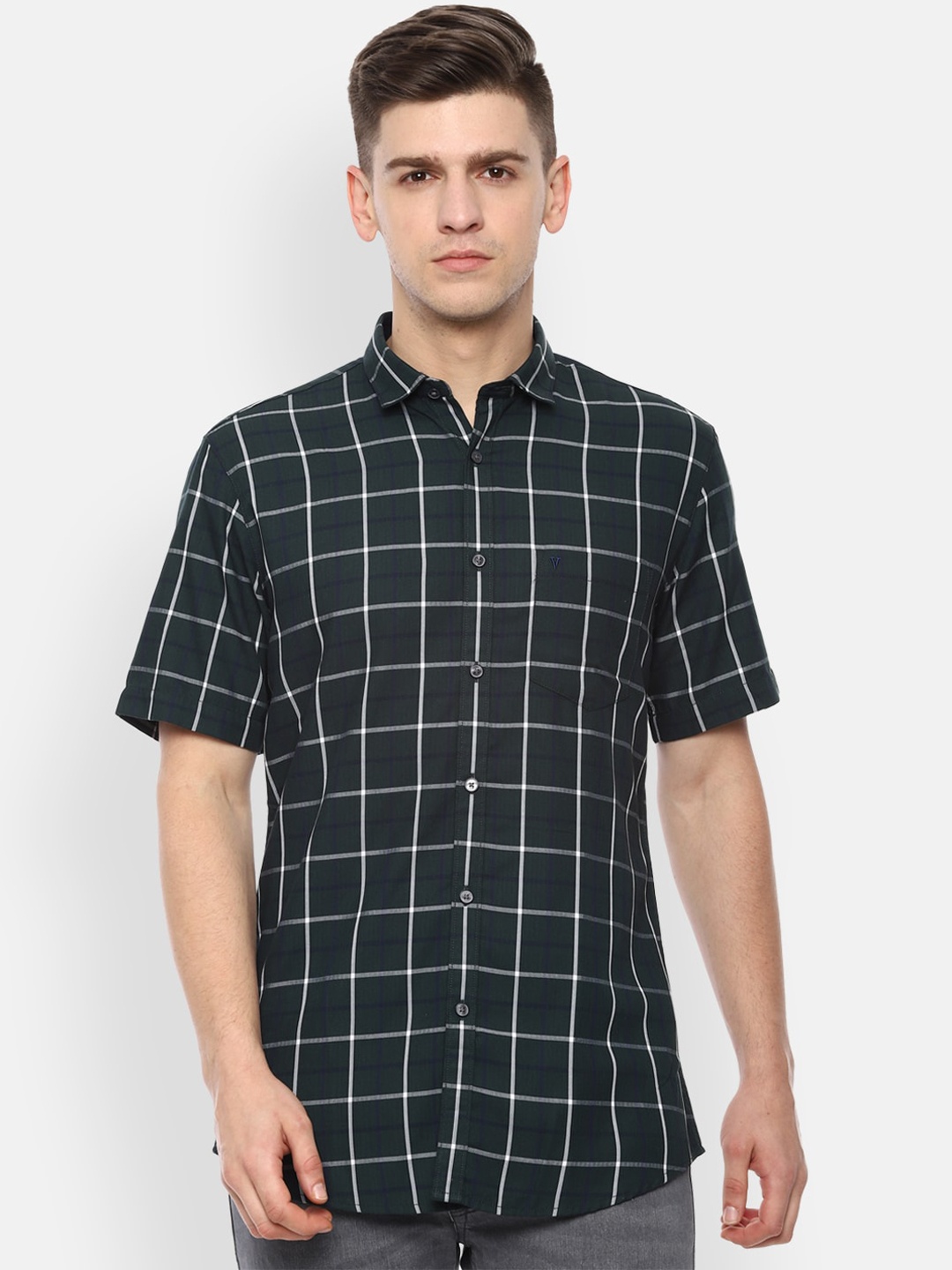 

Van Heusen Sport Men Green & Navy Blue Slim Fit Checked Casual Shirt