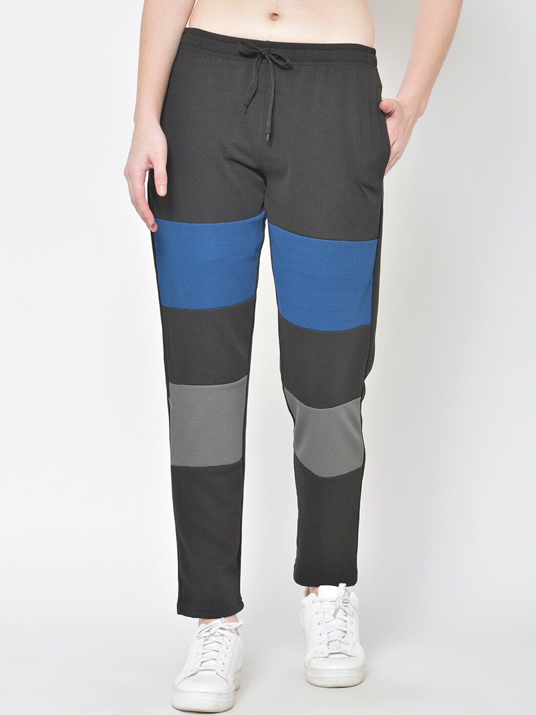 

American-Elm Women Black & Blue Colourblocked Slim-Fit Track Pants