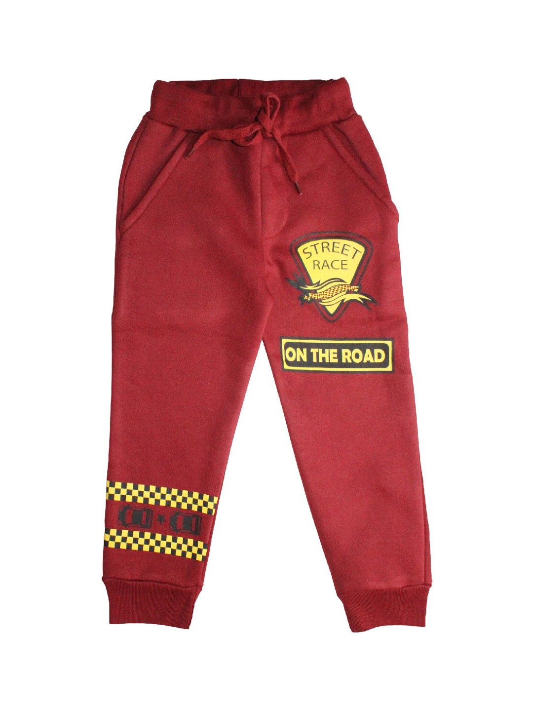 

KiddoPanti Boys Maroon & Yellow Solid "Street Race" Print Straight-Fit Joggers