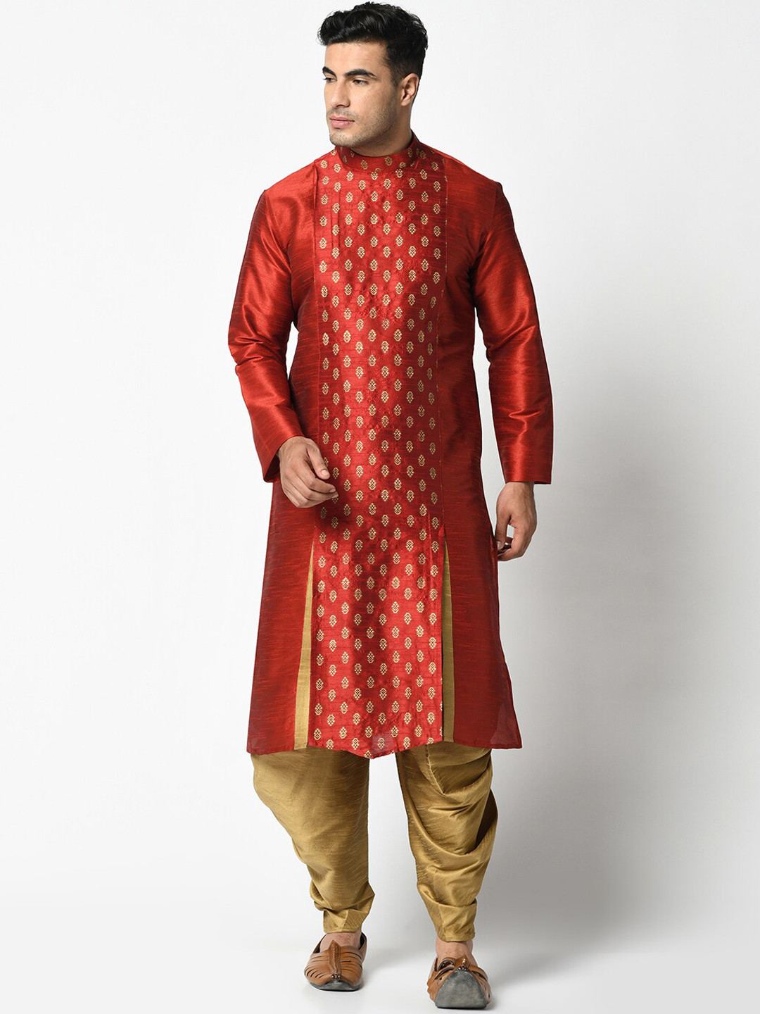 

DEYANN Men Red & Gold-Toned Printed Kurta with Dhoti Pants