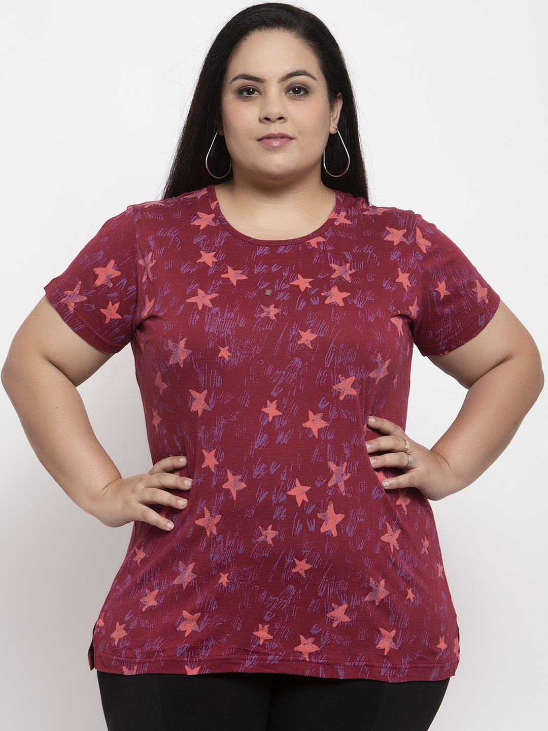 

plusS Women Maroon Printed Round Neck T-shirt