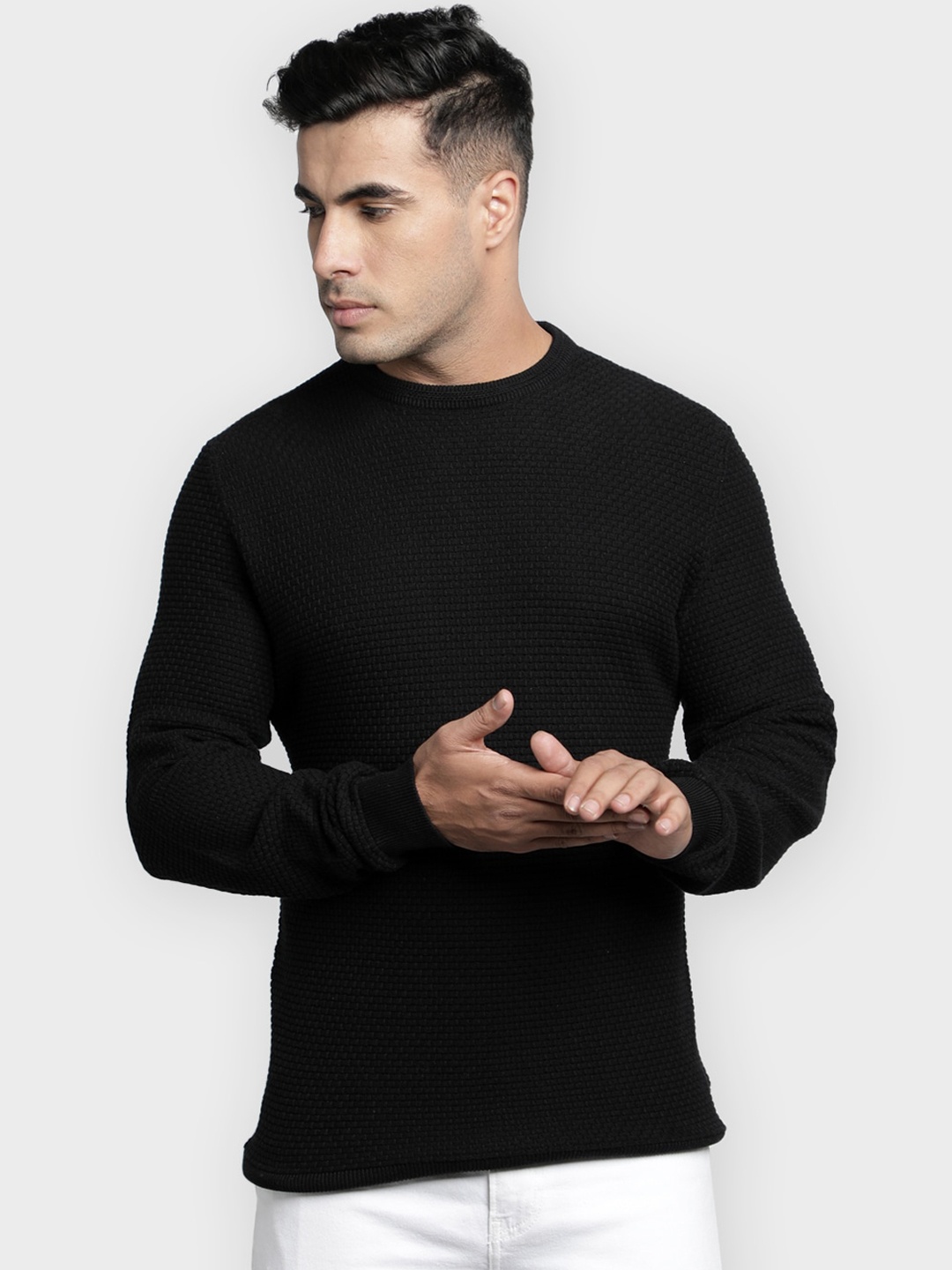 

Red Tape Men Black Self Design Pullover Sweater