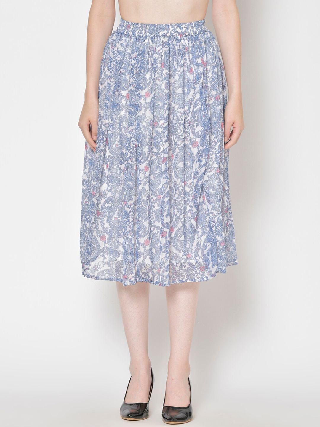 

Cation Women White & Blue Printed Flared Skirt
