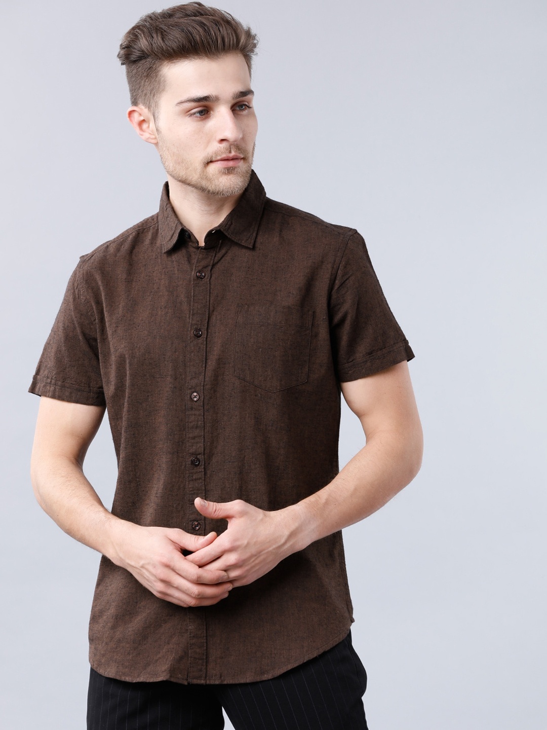 HIGHLANDER Men Brown Slim Fit Solid Casual Shirt