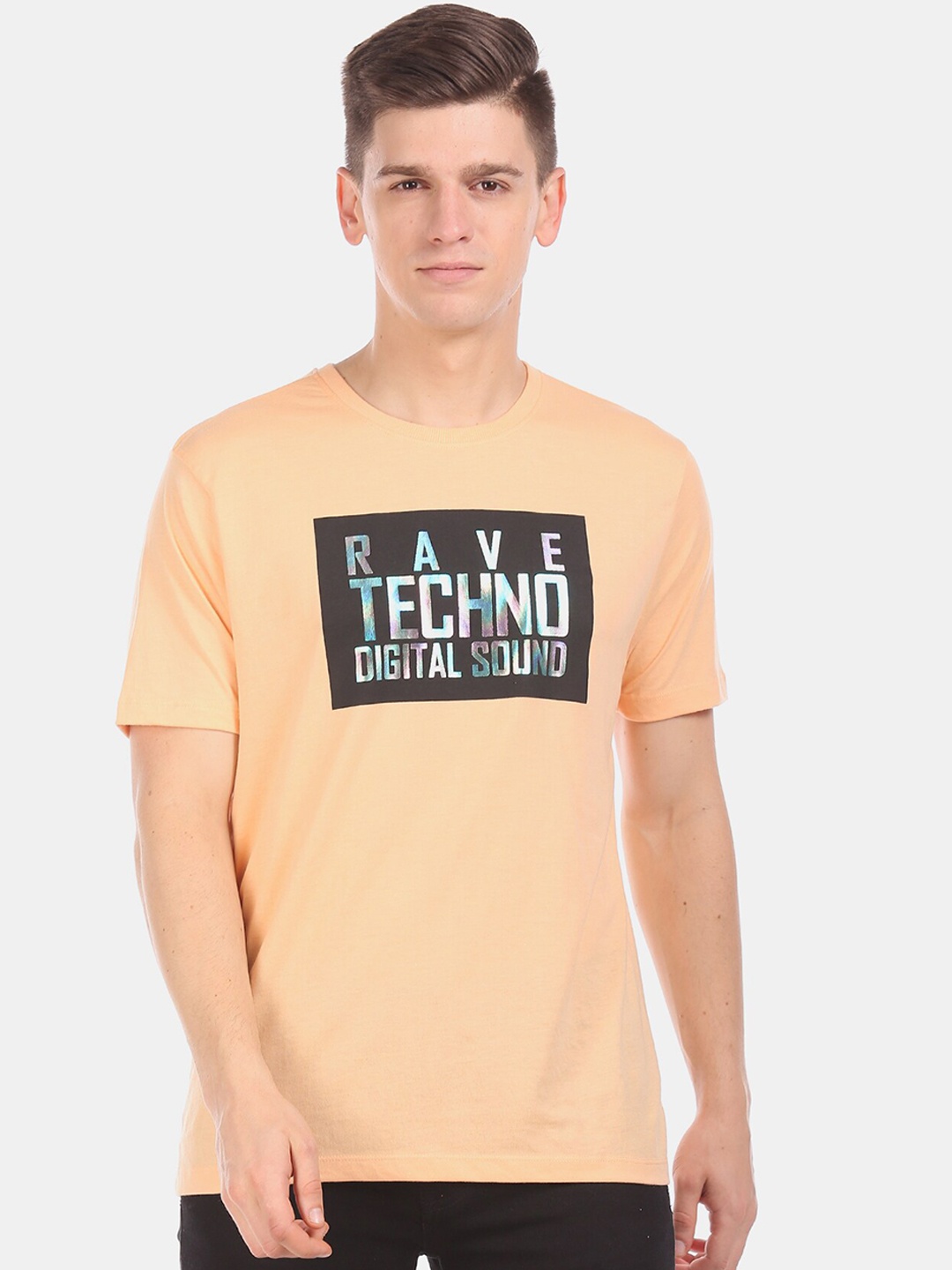 

Colt Men Orange Holographic Printed Round Neck Pure Cotton T-shirt