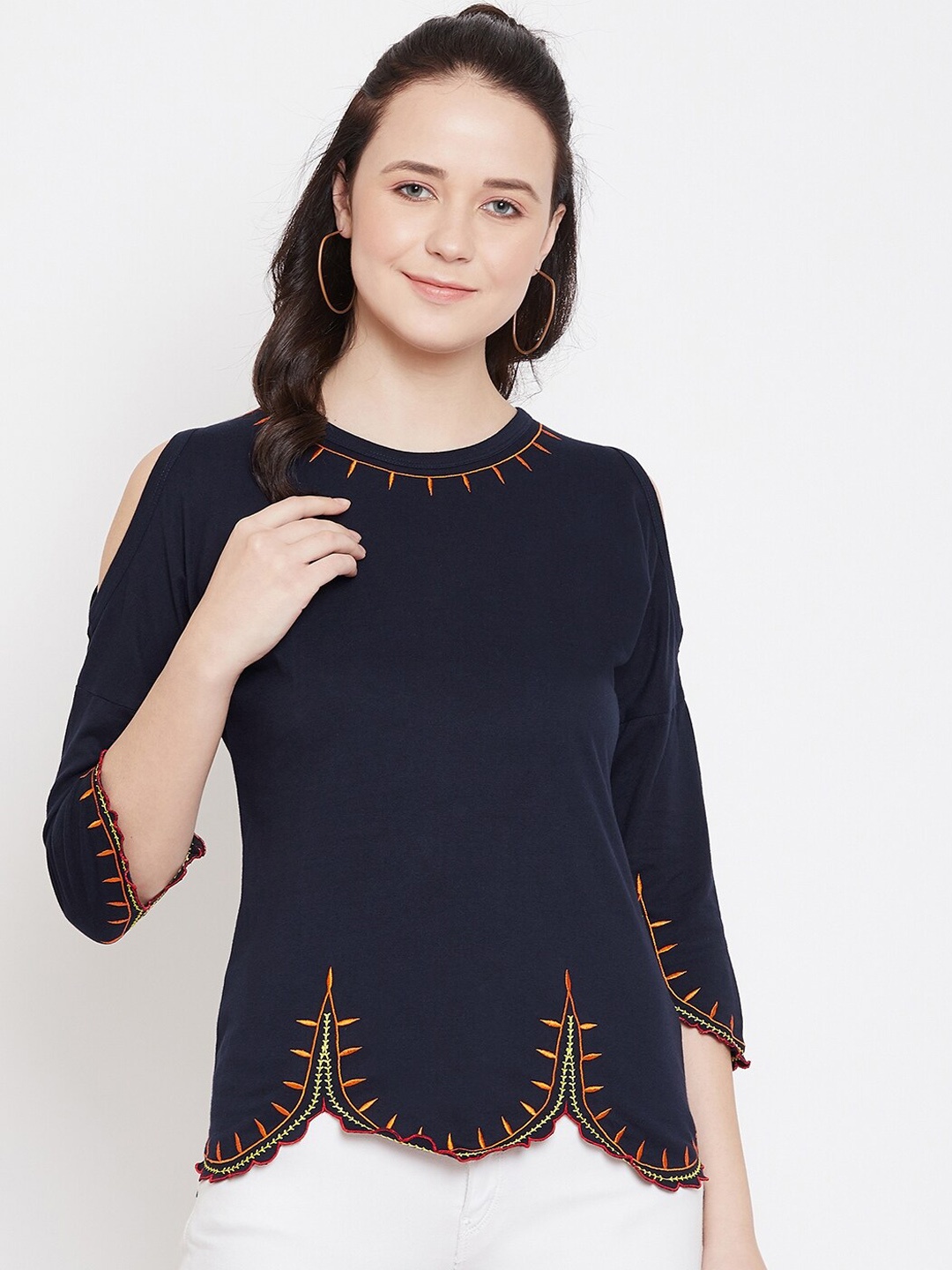 

Hypernation Women Navy Blue Solid Pure Cotton Top