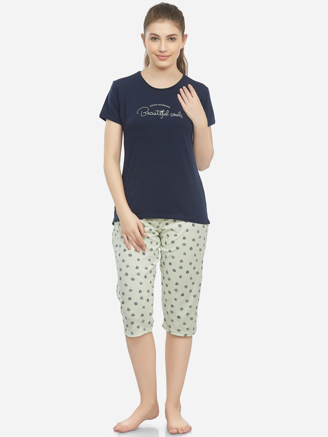 

Lenissa Women Navy Blue & Off-White Printed Nigh Suit