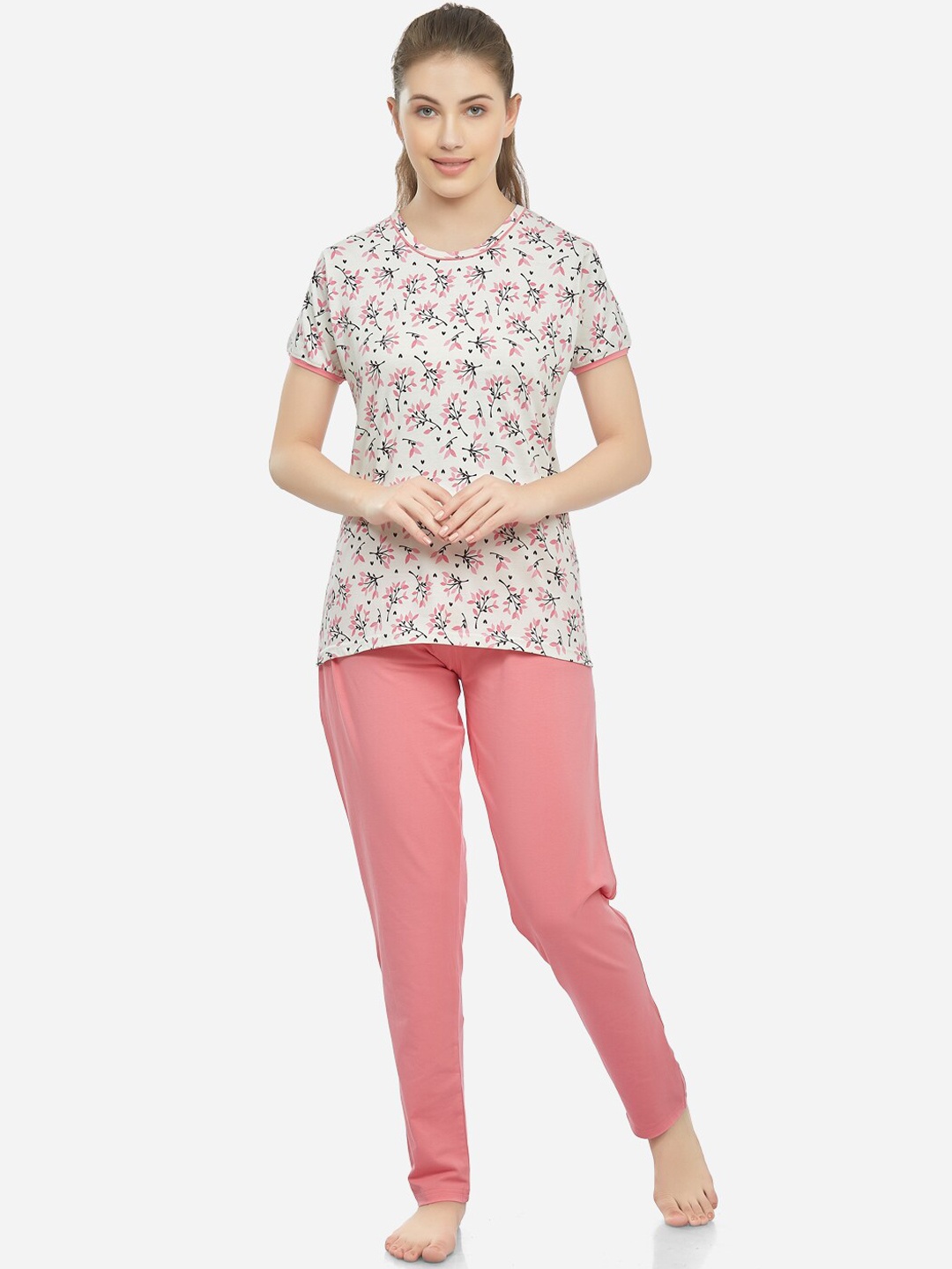 Lenissa Women White & Pink Printed Night Suit