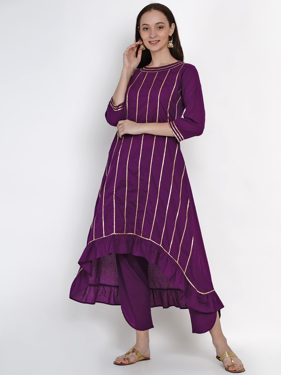 

FABNEST Women Purple Striped Kurta with Trousers