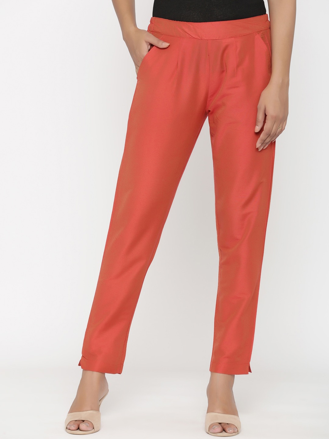

RANGMAYEE Women Orange Slim Fit Solid Cigarette Trousers