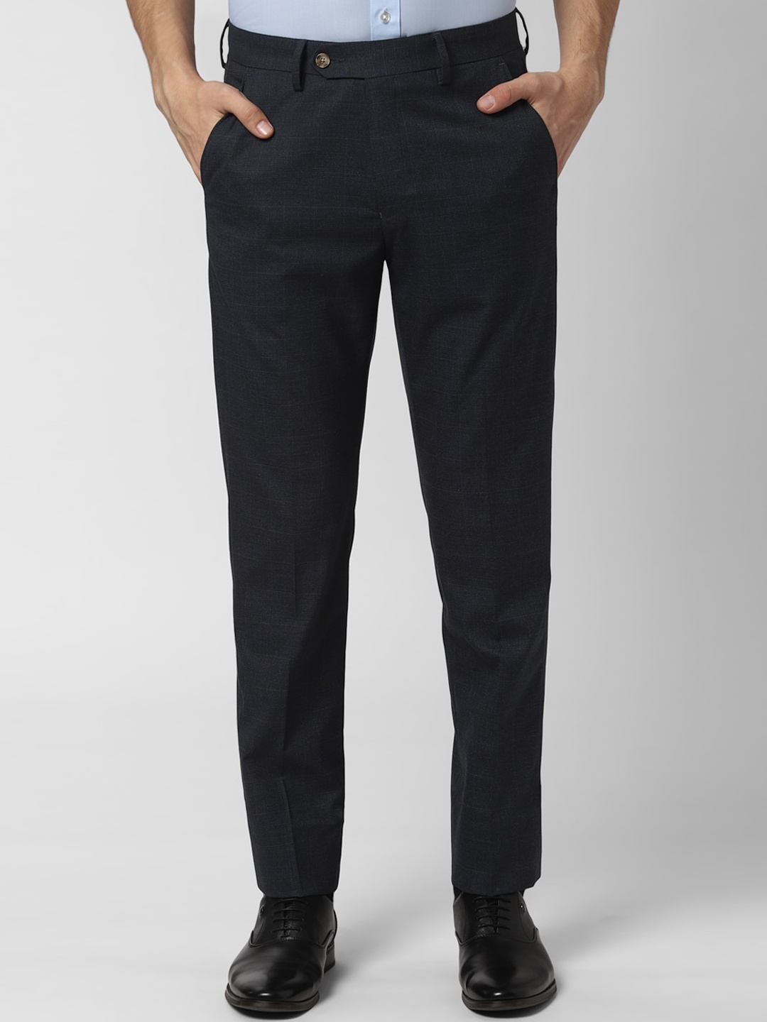 

Peter England Men Navy Blue Slim Fit Checked Formal Trousers