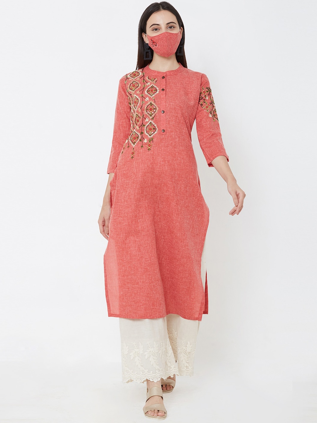 

FASHOR Women Peach-Coloured Embroidered A-Line Kurta