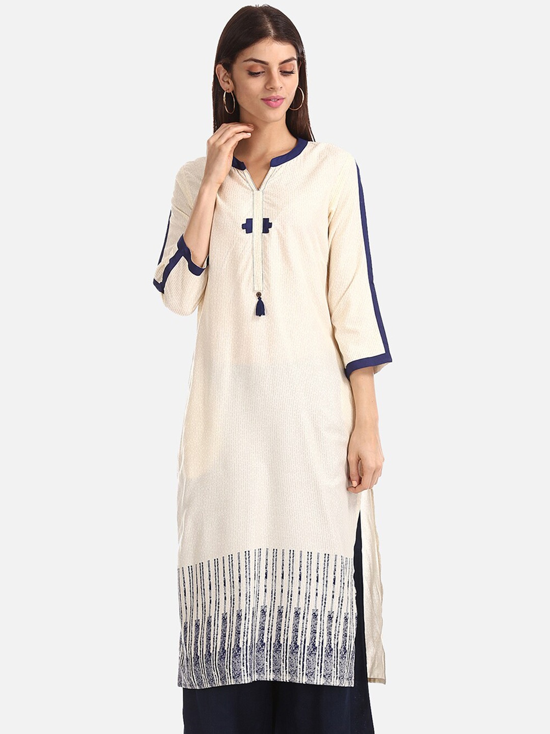 

Karigari Women Cream-Coloured & Navy Blue Printed A-Line Kurta