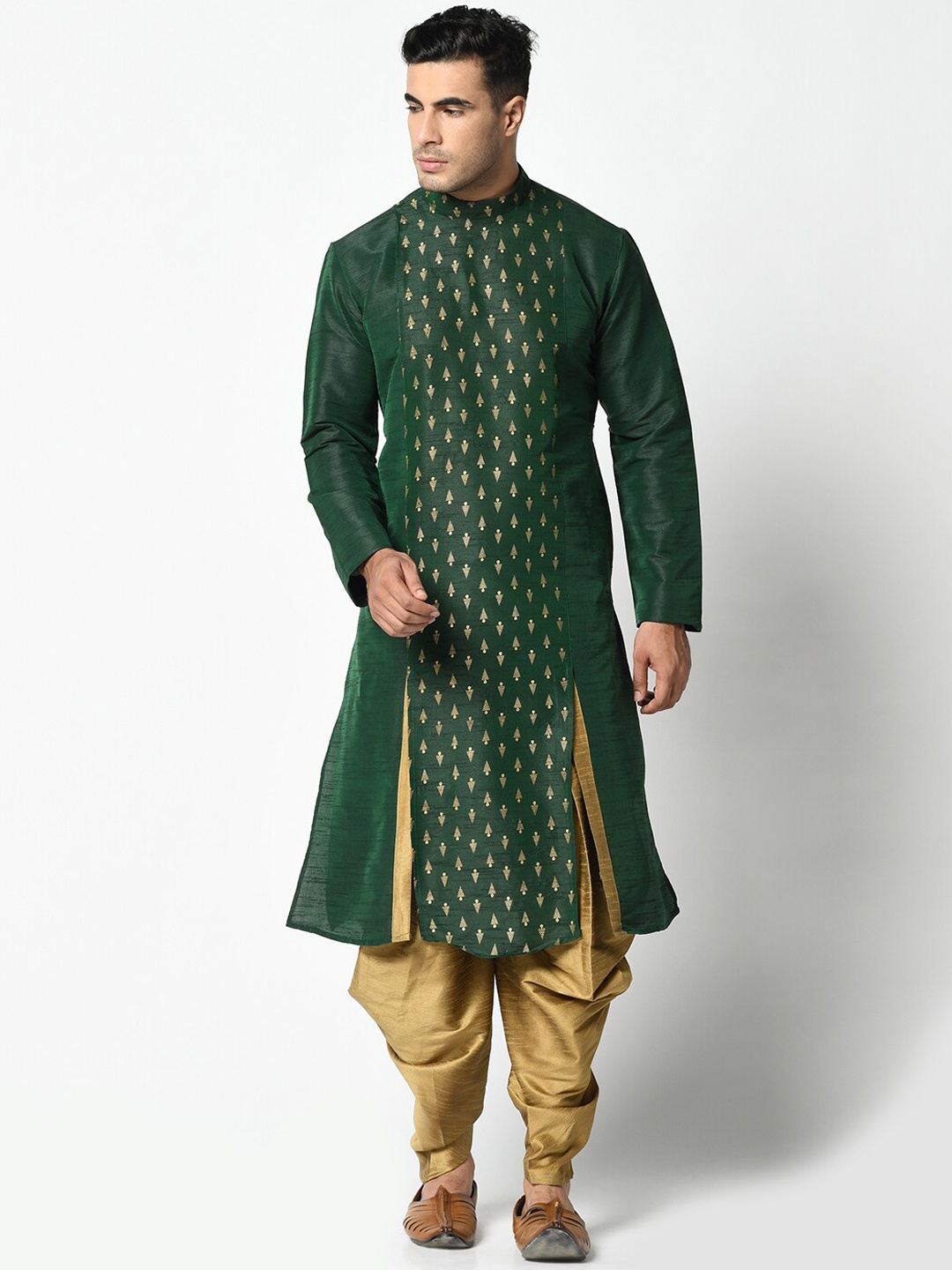 

DEYANN Men Green & Gold-Toned Printed Kurta with Dhoti Pants