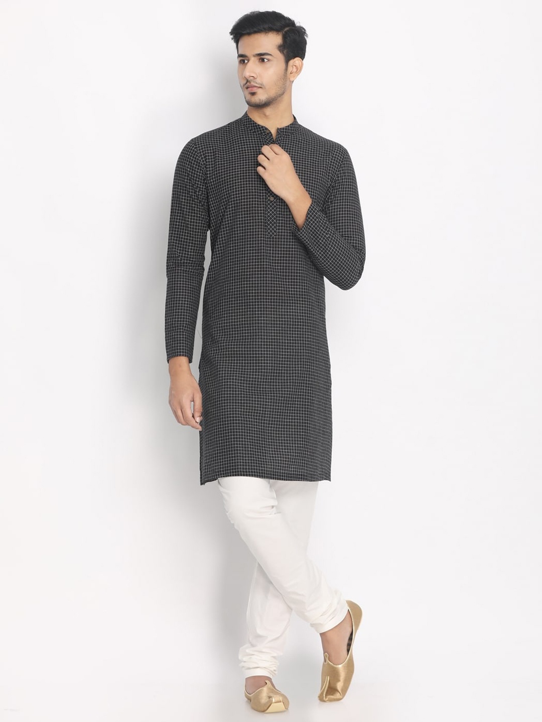 

Manyavar Men Black Checked Straight Kurta