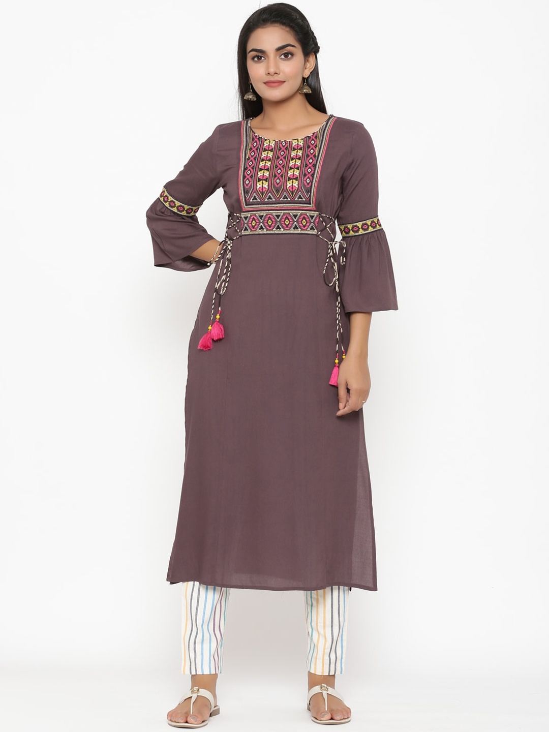 

RANGMAYEE Women Brown & White Yoke Design Kurta with Trousers