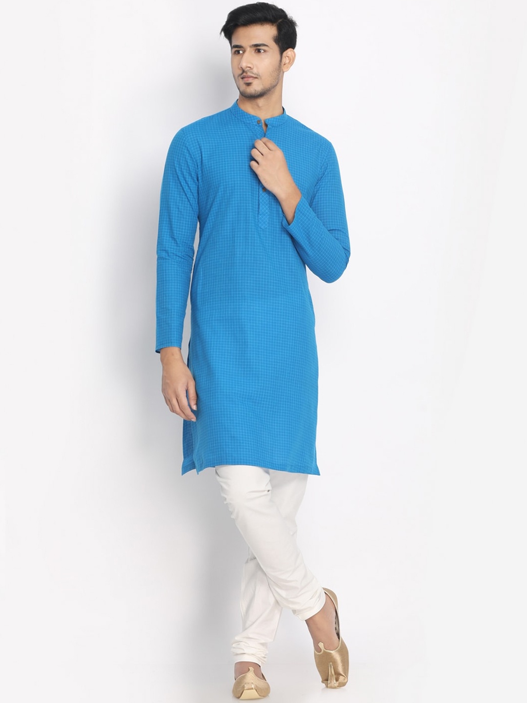 

Manyavar Men Blue Checked Straight Kurta