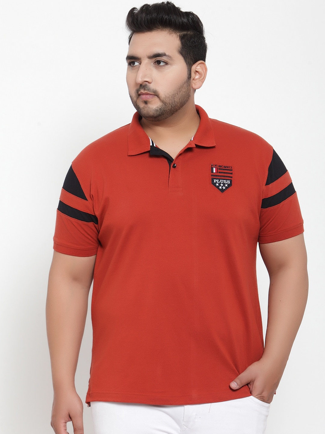 

plusS Men Rust Red Printed Polo Collar Pure Cotton T-shirt