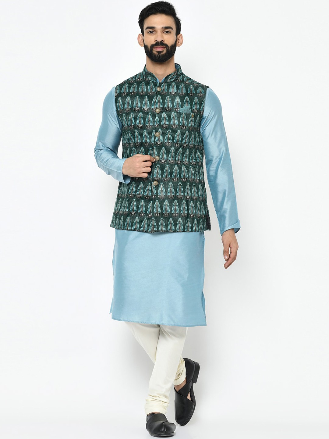 

KISAH Men Turquoise Blue & White Solid Kurta with Pyjamas & Nehru Jacket