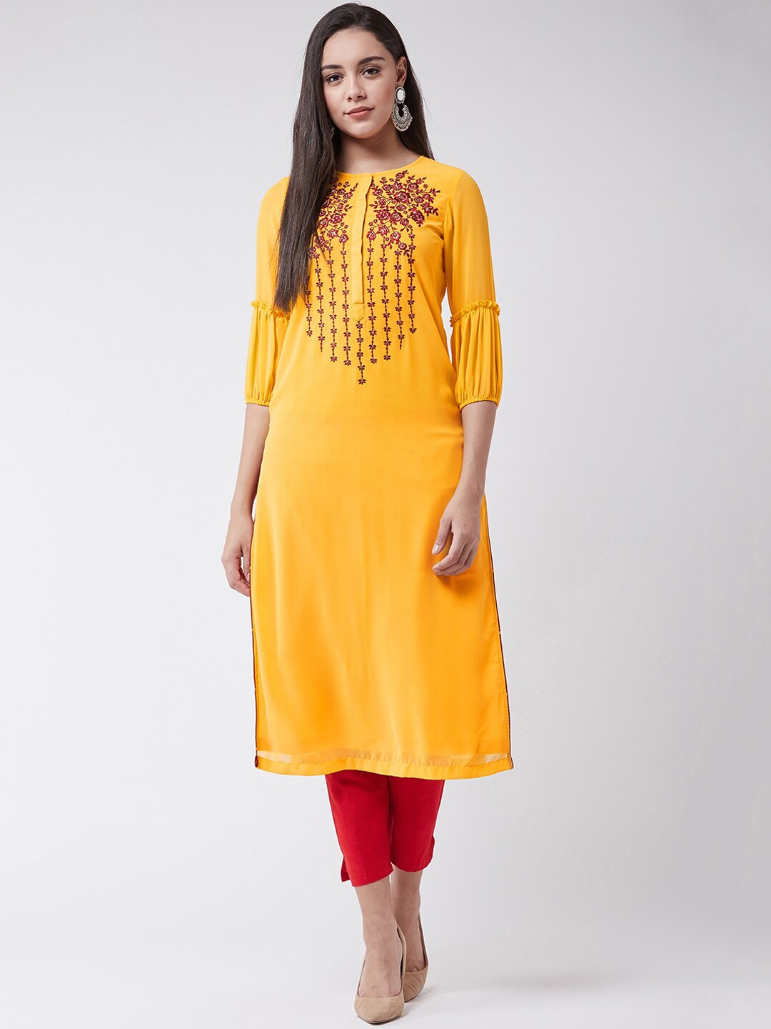 

Pannkh Women Yellow & Maroon Floral Embroidered Straight Kurta