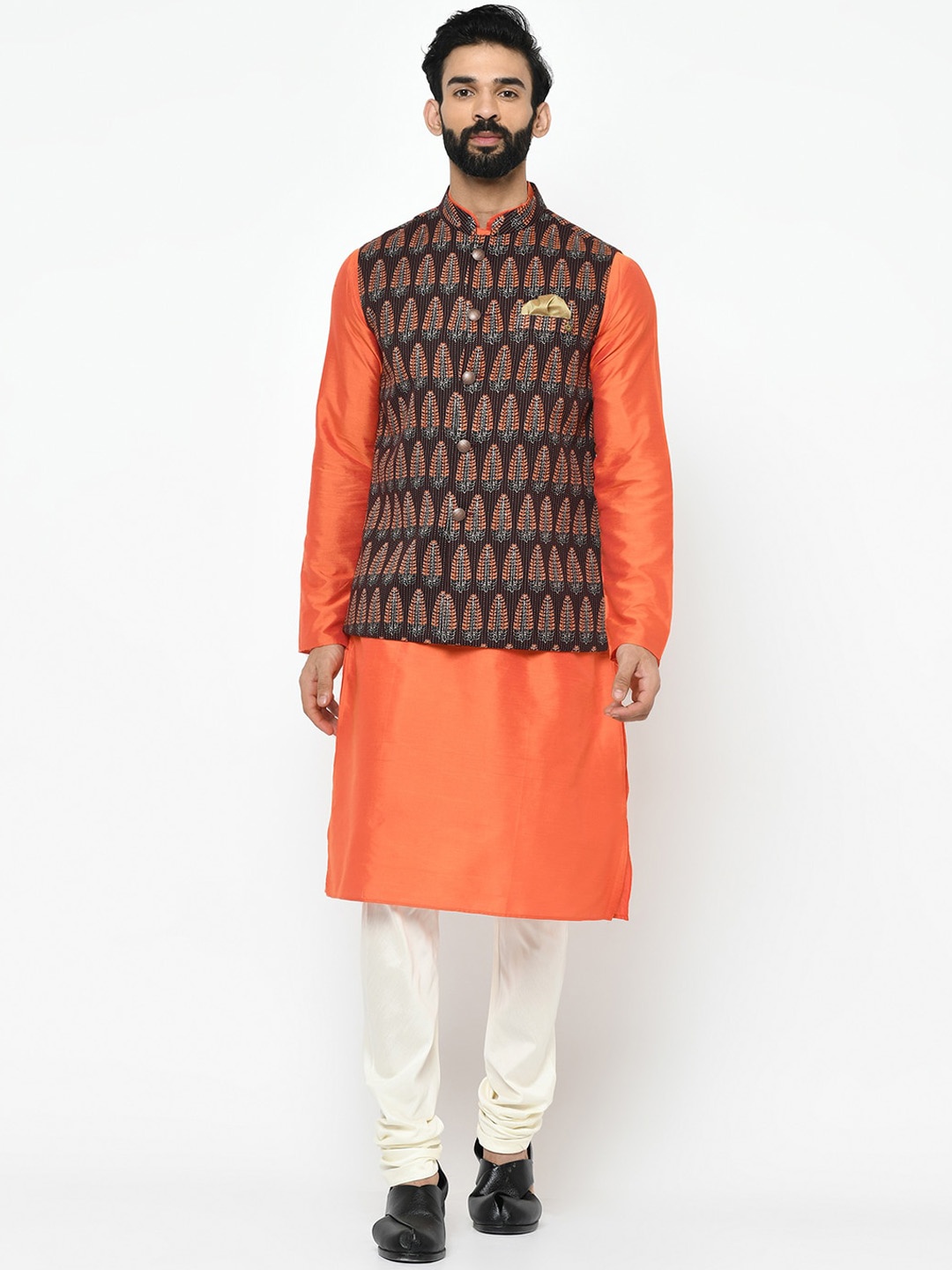 

KISAH Men Orange & Cream-Coloured Solid Kurta with Pyjamas & Nehru Jacket