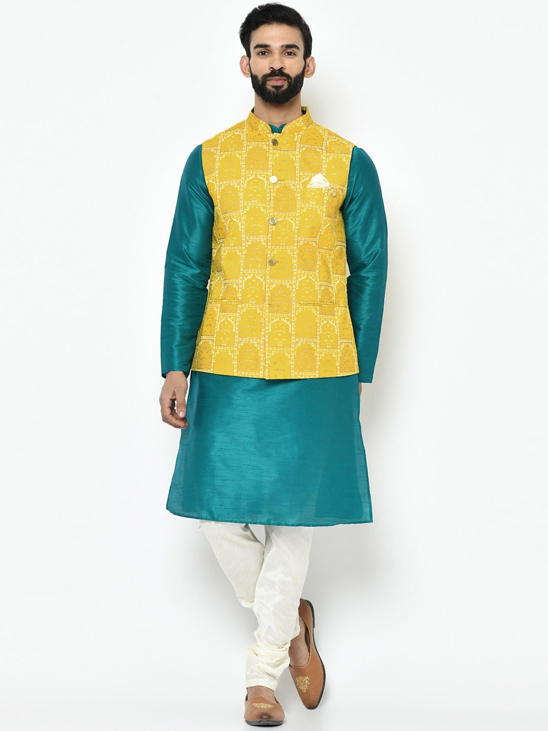 

KISAH Men Turquoise Blue & Off-White Solid Kurta with Churidar