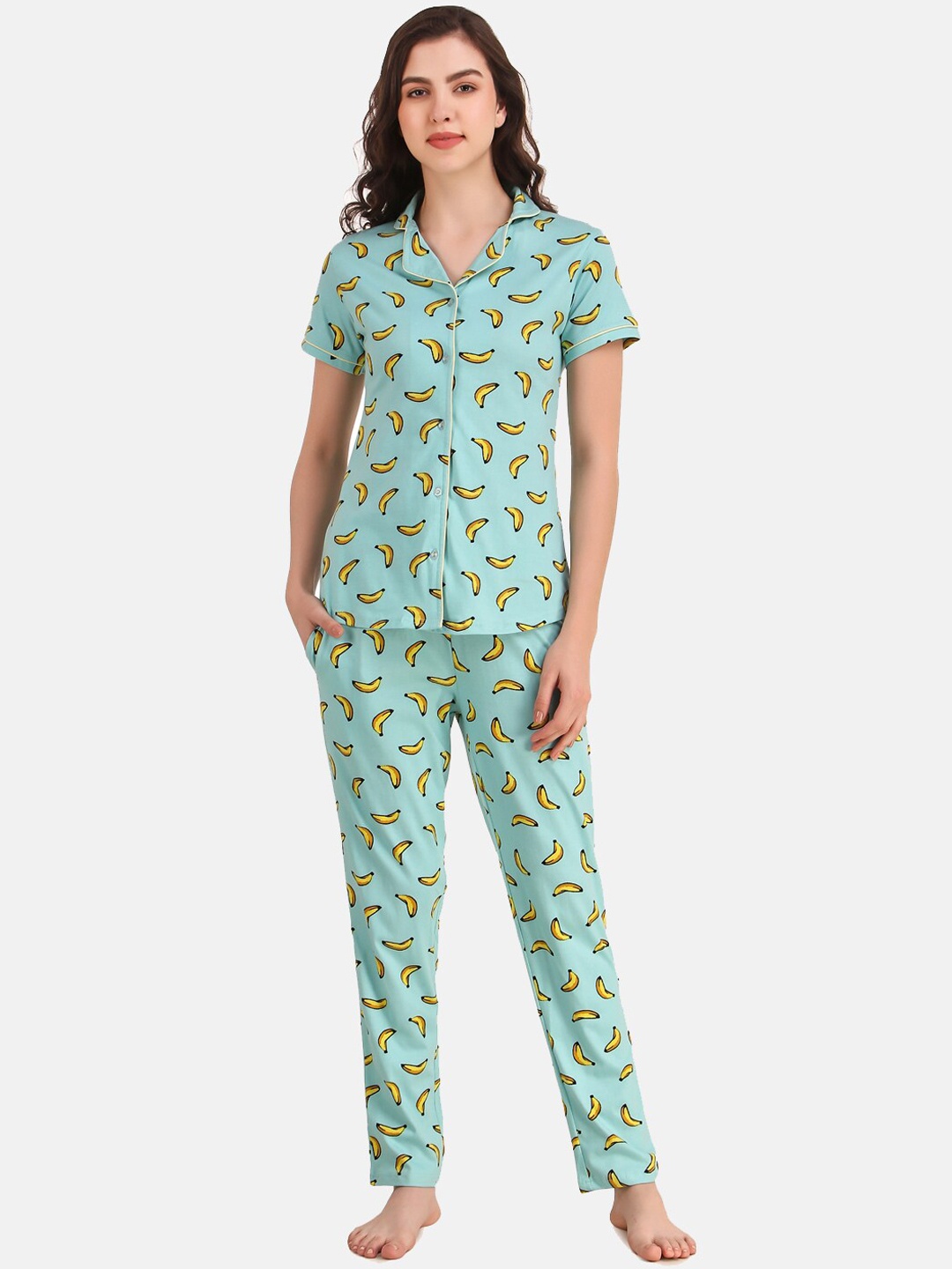 

Masha Women Blue & Yellow Printed Night Suit
