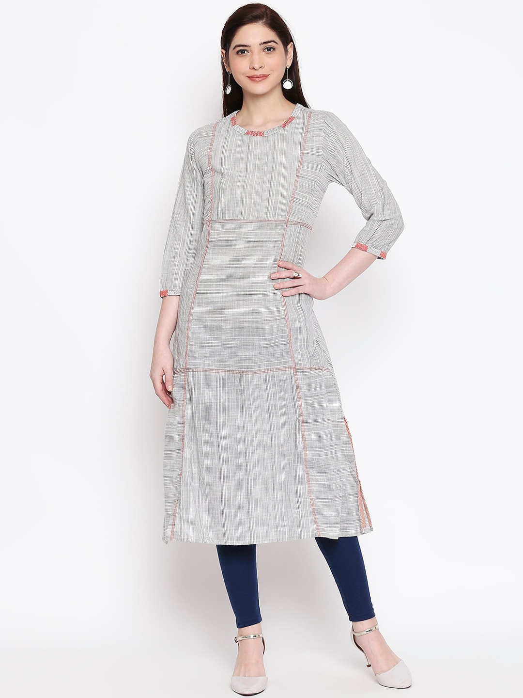 

RANGMANCH BY PANTALOONS Women Grey Striped A-Line Kurta