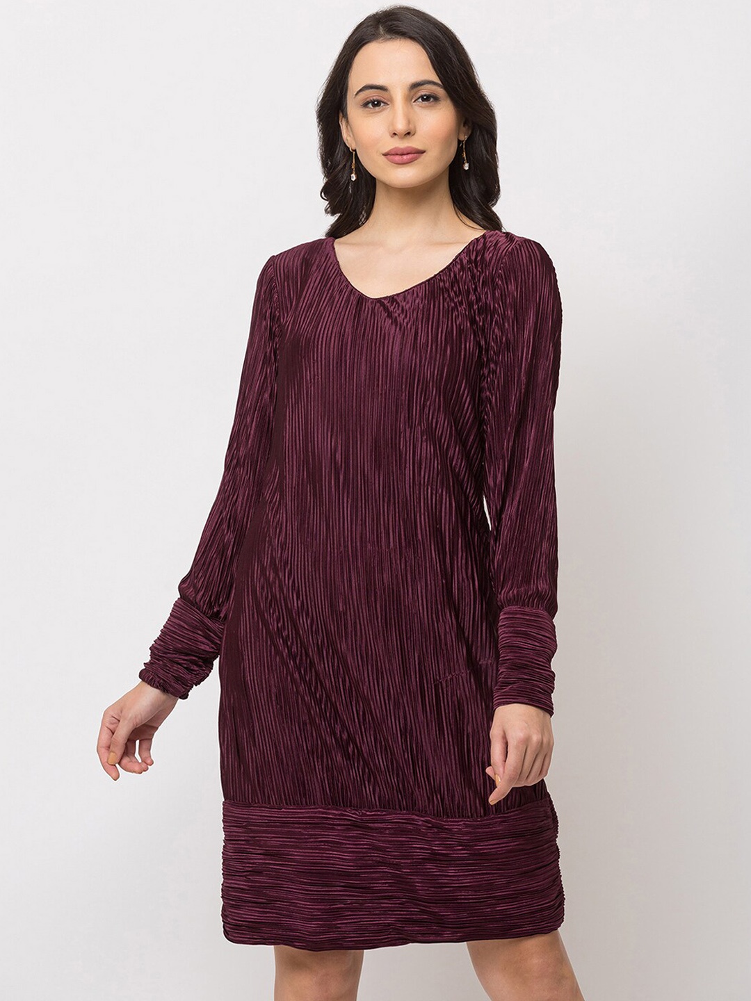

SHECZZAR Maroon Self Design Accordion Pleated Cuffed Sleeves Gathered A-Line Dress