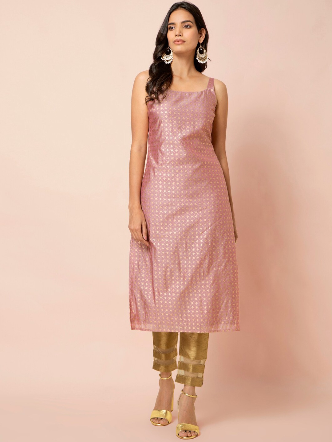 

INDYA Women Pink & Gold-Toned Printed A-Line Kurta