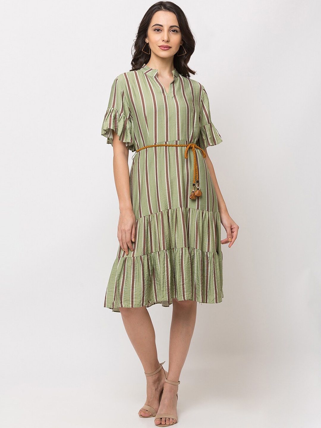 

SHECZZAR Women Green Striped A-Line Dress