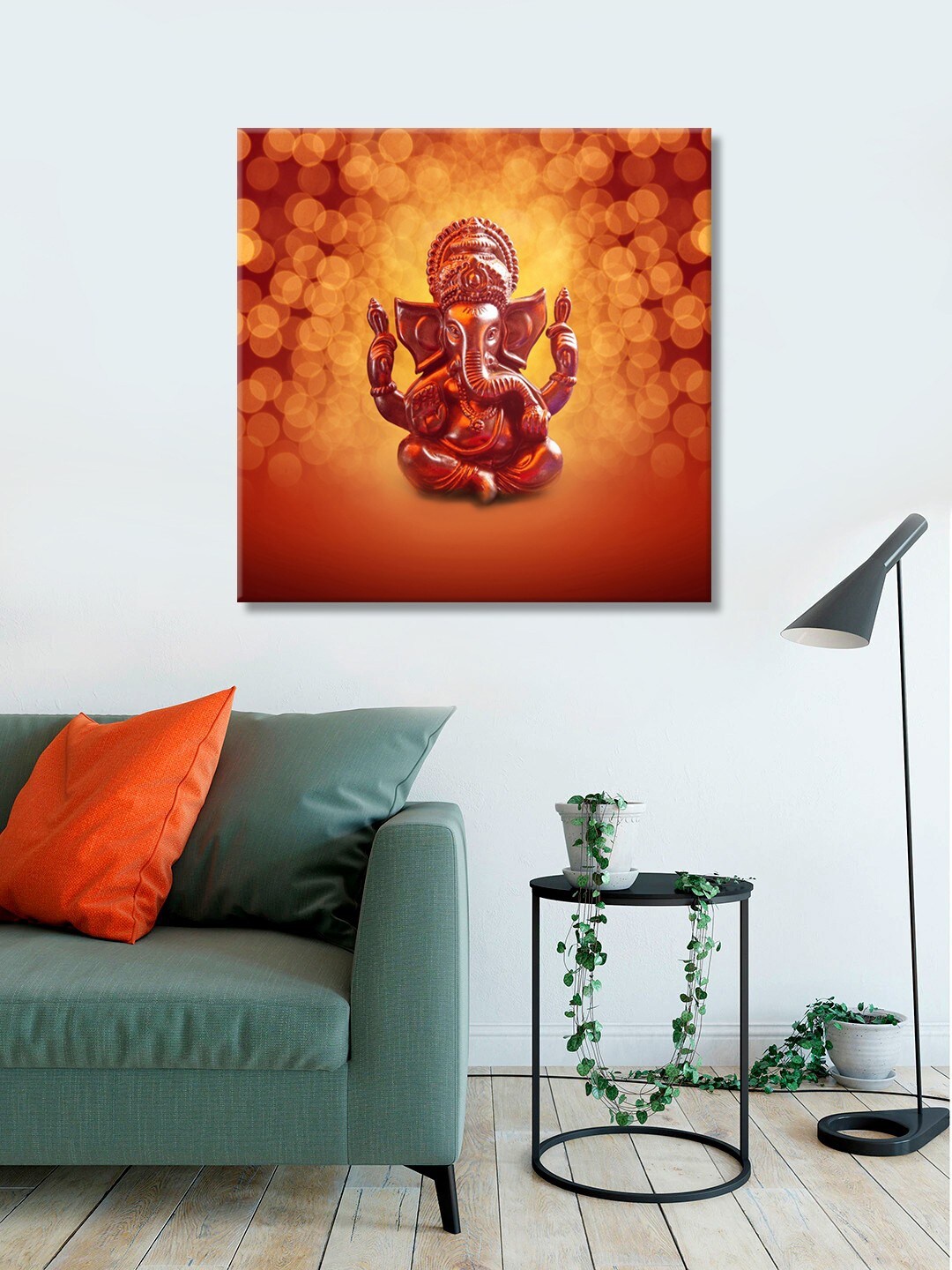

999Store Orange Ganesha Background & Golden Bubble Wall Painting