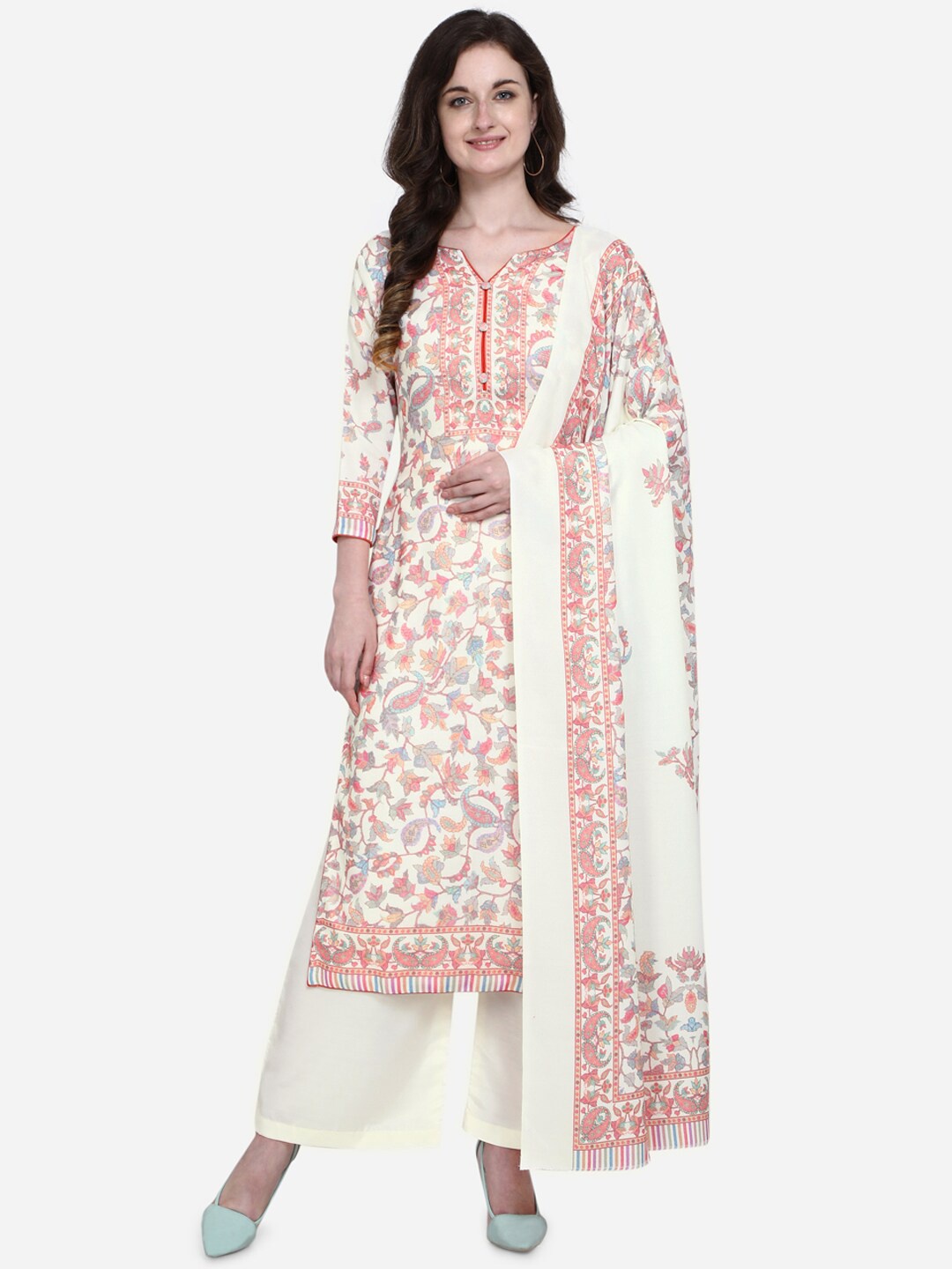 

Stylee LIFESTYLE Cream-Coloured & Pink Silk Blend Unstitched Dress Material