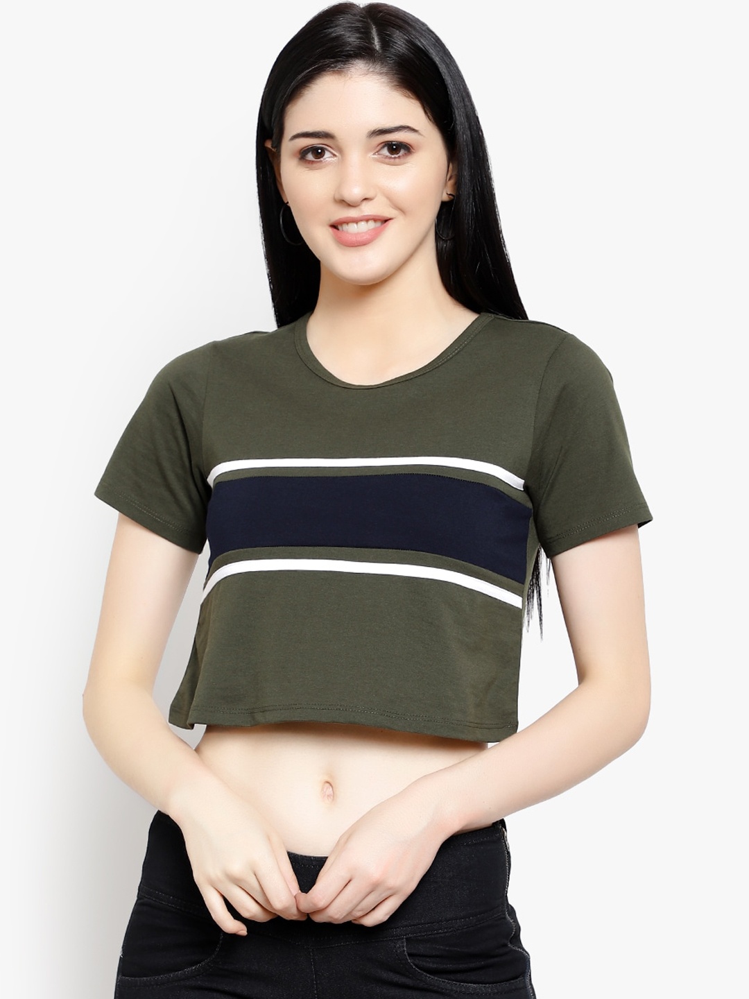 LE BOURGEOIS Women Olive Green & Blue Colourblocked Pure Cotton Top