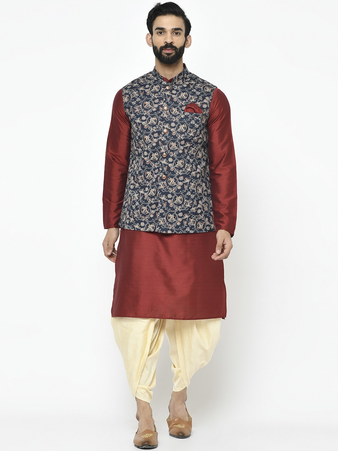

KISAH Men Navy Blue & Maroon Solid Kurta with Dhoti Pants & Nehru Jacket