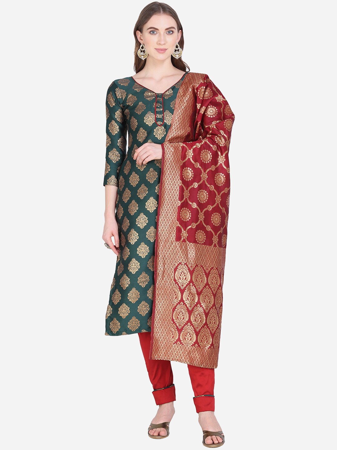 

SHAVYA Green & Red Silk Blend Unstitched Dress Material