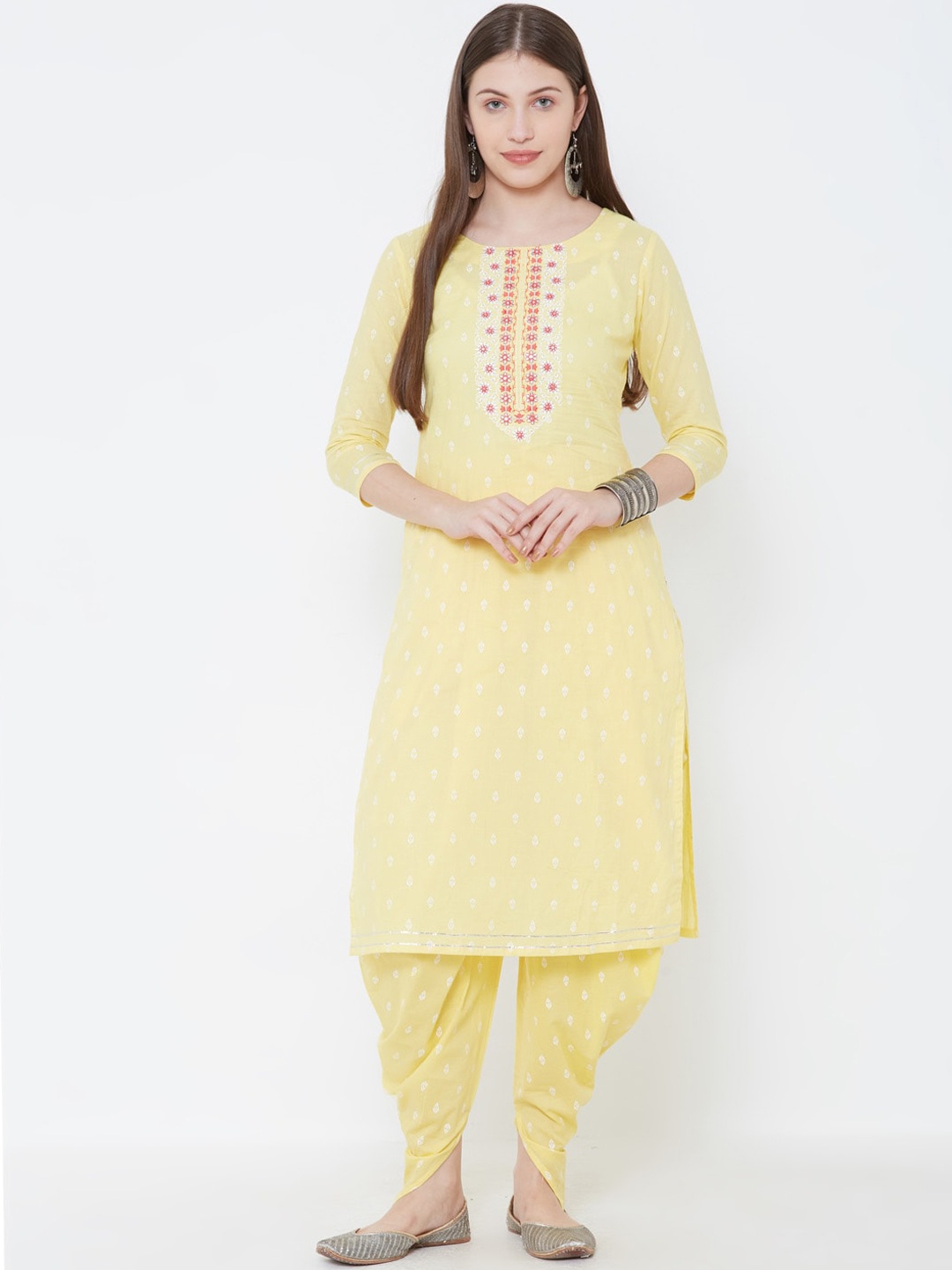 

FASHOR Women Yellow Self Design Kurta with Dhoti Pants