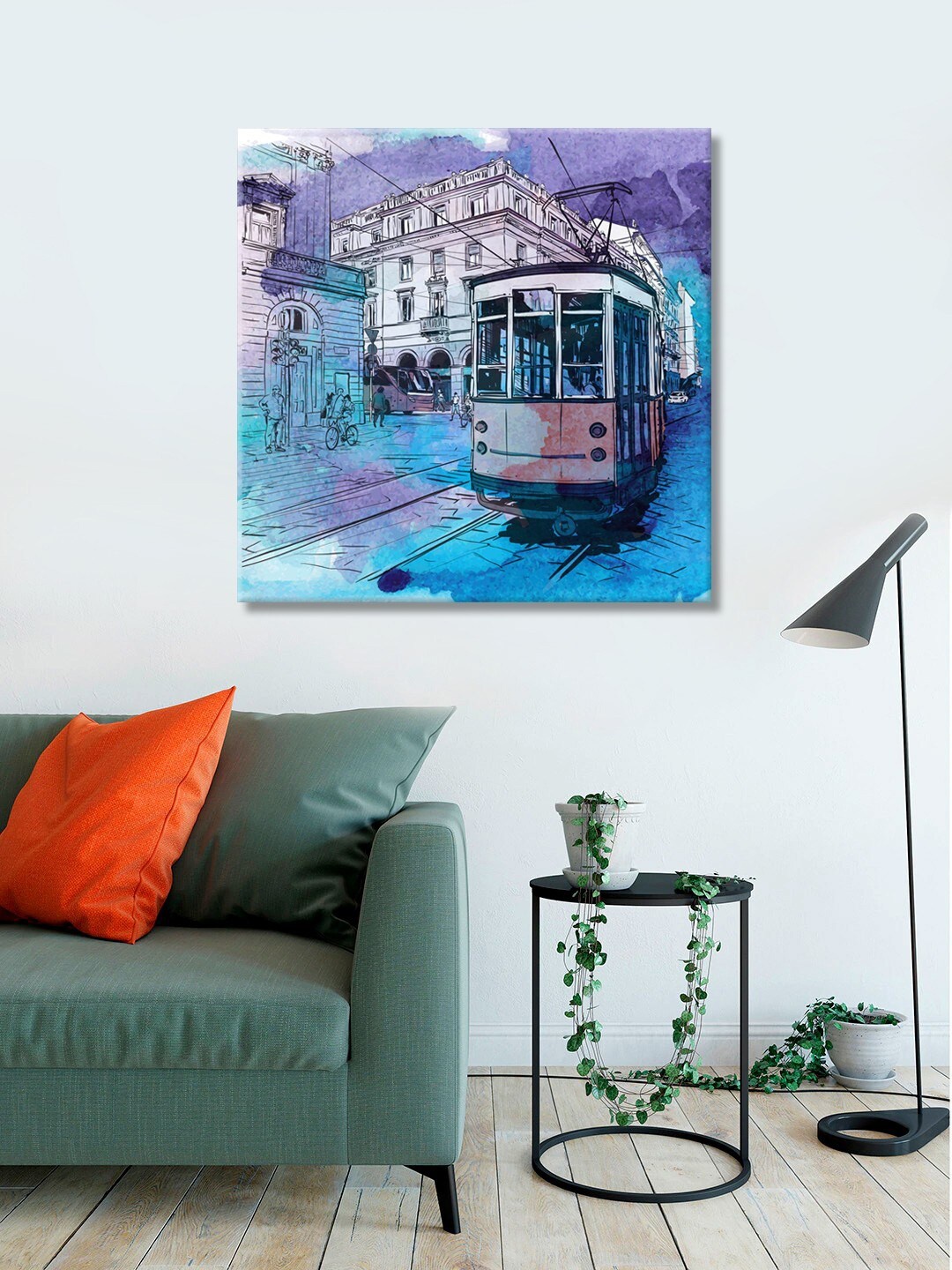 999Store Blue & Cream-Cloured Digitally Printed Tram Train City Wall Art
