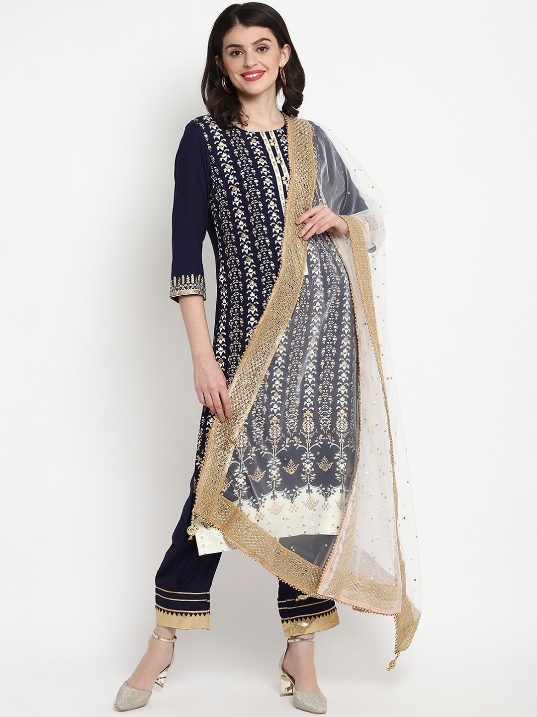 

Tulsattva Women Navy Blue & White Printed Kurta with Palazzos & Dupatta
